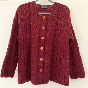 Carraig Donn Cardigan Womens L Red Wool Cable Knit Ireland Chunky Fisherman